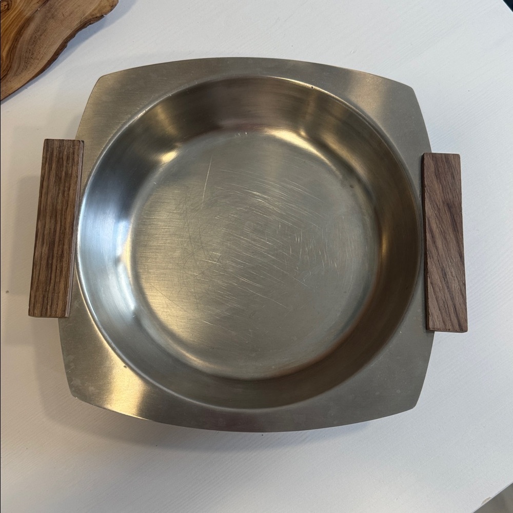 Vintage MCM Danish Inspired 18-8 Stainless Steel Tray Serving Dish Teak Handles